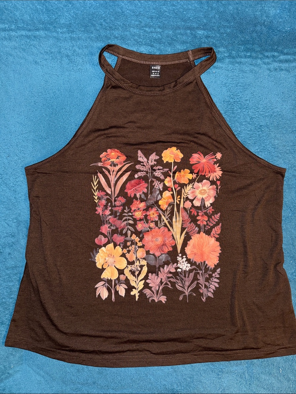 SHEIN Brown High-Neck Floral Tank Top